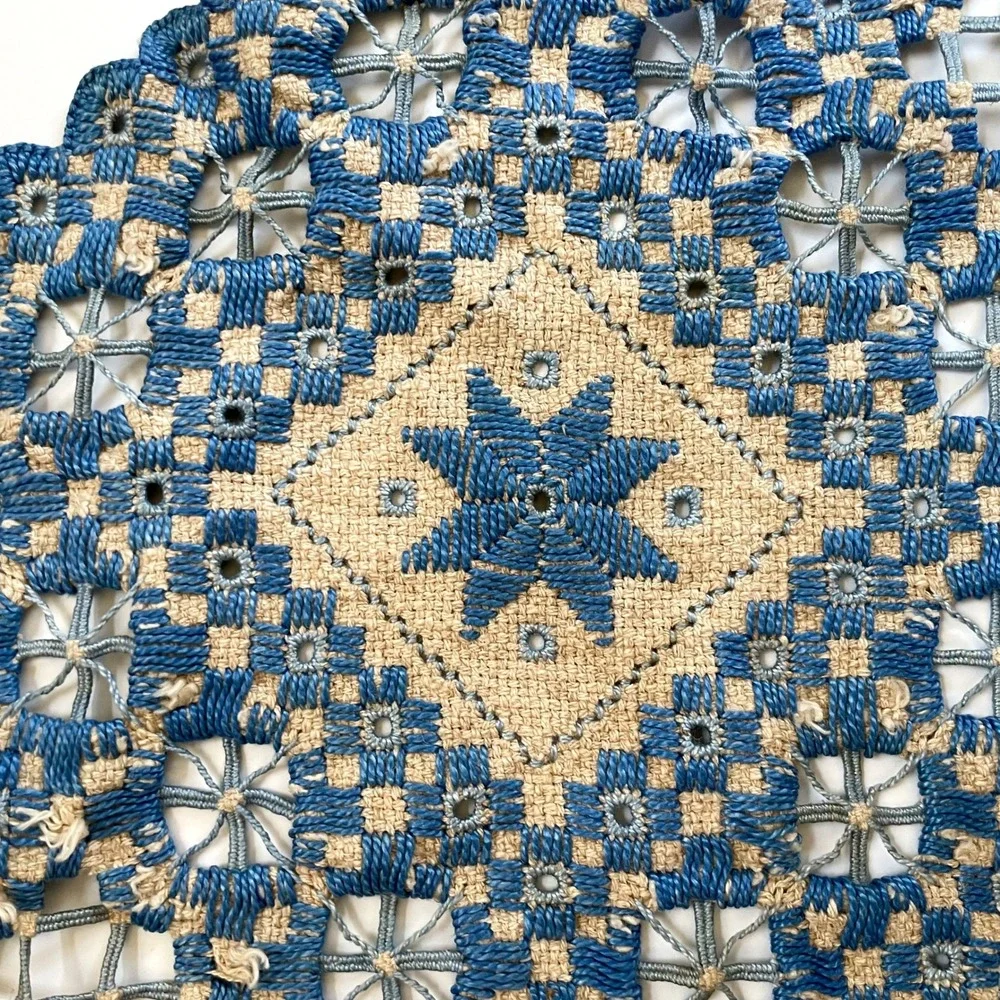 Antique Hand Embroidered Hardanger Lace Table Topper Doily Vintage Blue Natural